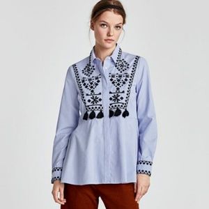 Zara Womens Striped Collared  Dress Shirt Blouse, Embroidery & Tassels EUC